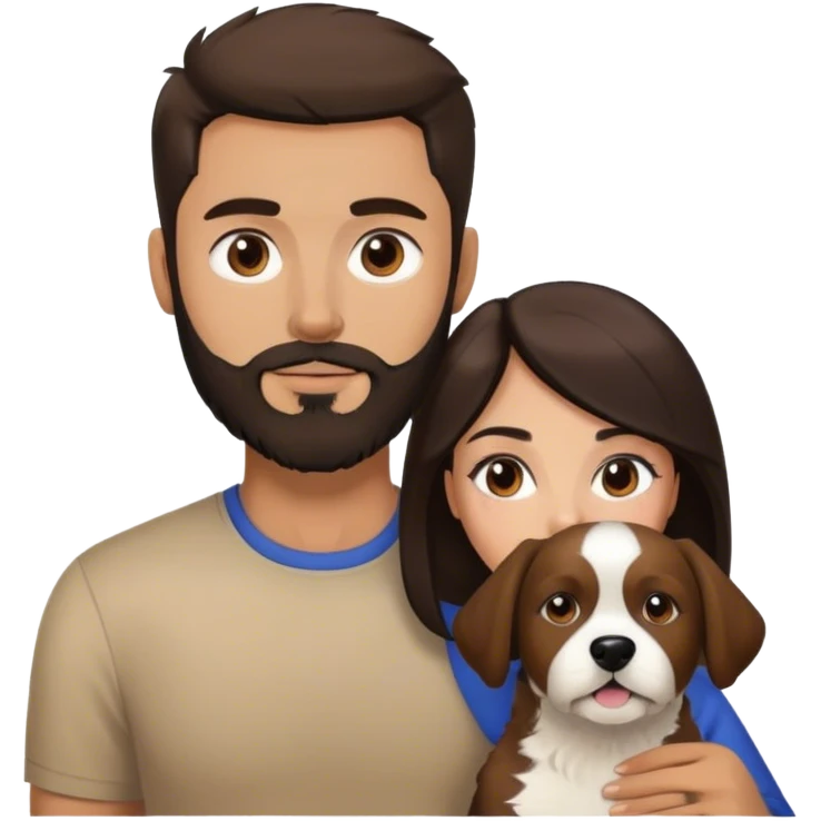 Brunette woman and brunette man with beard with a mixed race brown and black and white dog  emoji