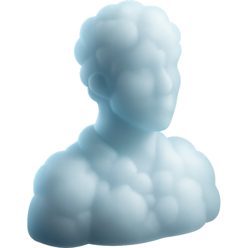 person looking straight, fully composed of white fluffy convex clouds, shoulder up emoji