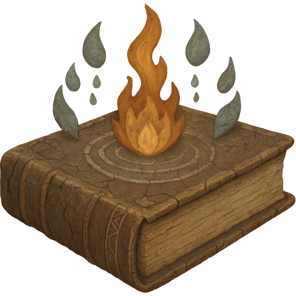 Make the magical spellbook with elemental symbols look ancient, with aged pages, cracked leather, and faded elemental icons, in the style of apple emojis. Remove the background. emoji