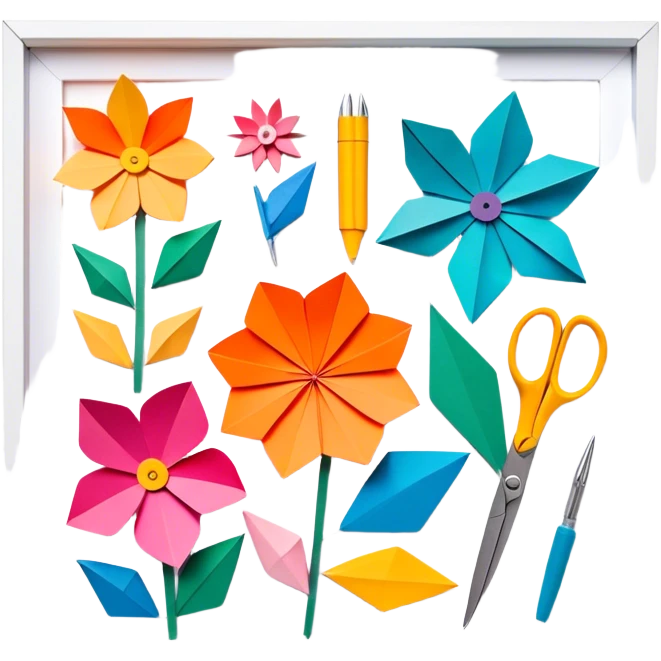 Paper crafting icon, various paper crafts like origami, 3D paper flowers, and scrapbooking materials, visible tools such as scissors, glue stick, and colour paper sheets, colorful paper patterns, minimalistic style, clean lines, transparent background. emoji