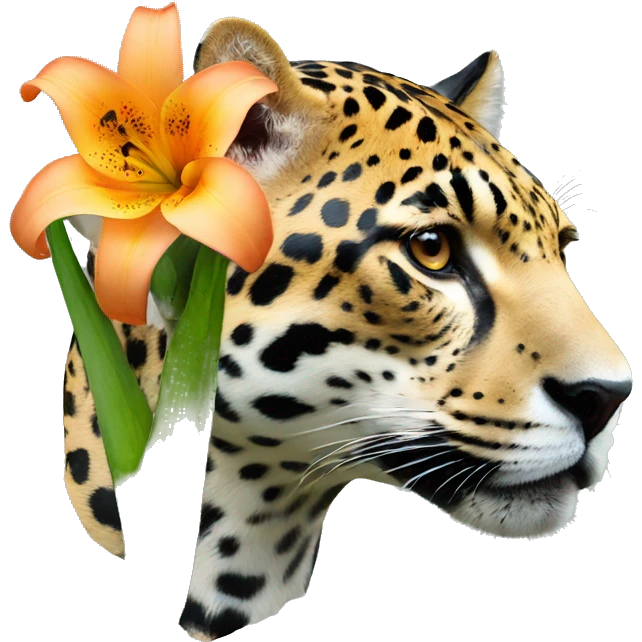 A jaguar painted with a lily flower in its ear emoji