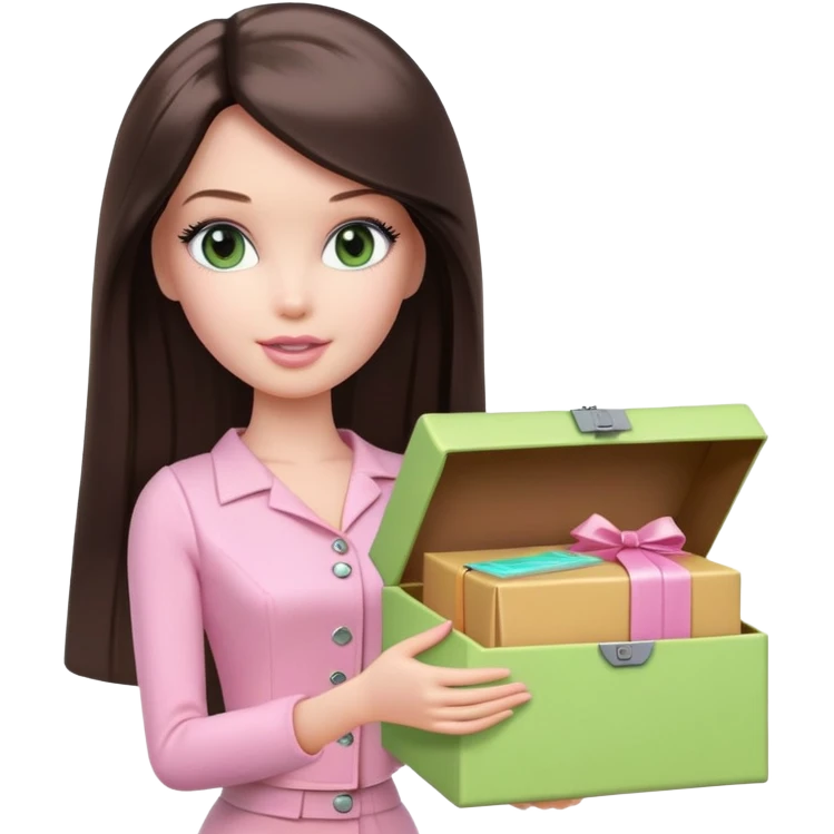 A white Barbie girl with long dark brown straight hair in pale pink clothes holds pale green box emoji