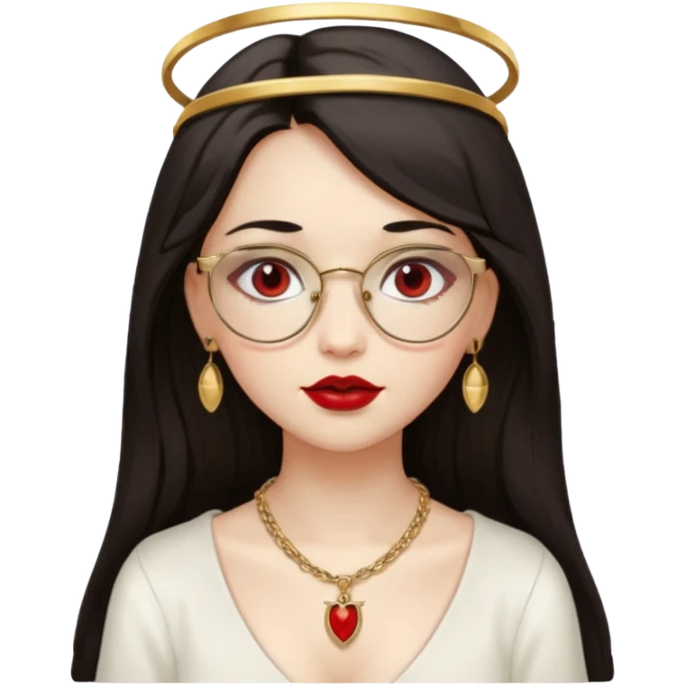 Angel girl with eyeglasses and long dark hair with red lipstick  and push gold necklaces and dark eyes emoji