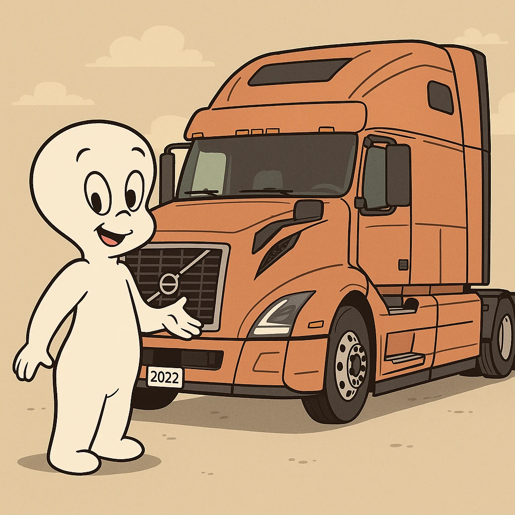 Casper the friendly ghost standing next to a 2022 Volvo sleeper semi truck, cartoon style emoji