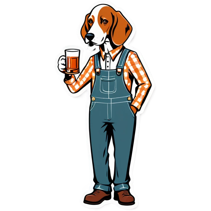 Hound dog in tangerine and white checkered overalls drinking whiskey emoji