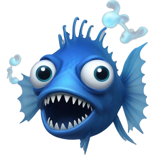 A blue angler fish with no lure with two eyes on the left side and having blue smoke surrounding it  emoji