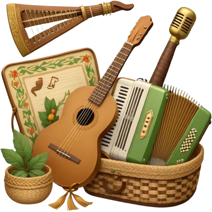 Create a warm and rustic emoji representing folk singing, using a humanless collage. The design should feature traditional folk instruments such as a balalaika, domra, or accordion, arranged around a vintage microphone to evoke a sense of community and storytelling. Include elements like a woven basket, traditional scarves, or musical notes to symbolize the connection to nature and heritage. Use earthy tones like brown, green, and gold, with subtle accents to emphasize the folk style. The background should be transparent. emoji