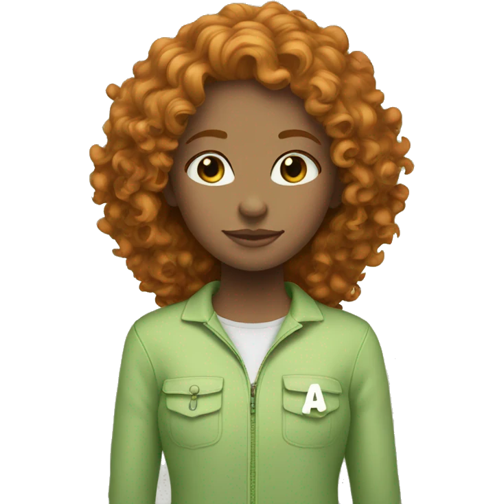 a girl, ginger curly hair light green clothes with peace  emoji