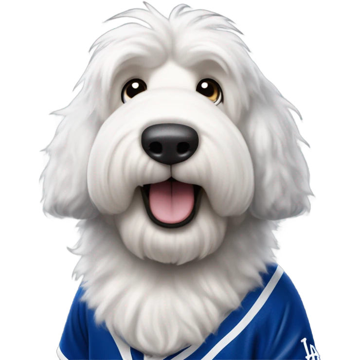 Old English Sheepdog full height wearing a Los Angeles dodgers baseball jersey emoji