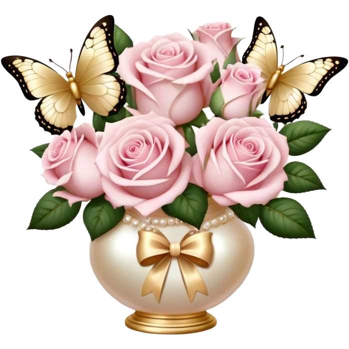 Realistic aesthetic bouquet of roses. Three white and three light pink in a pearl vase and a beige bow with gold decoration and a butterfly with gold and beige wings emoji