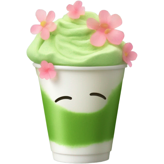 Matcha and ￼fluffy foam in plastic cup decorated with flower petals  emoji