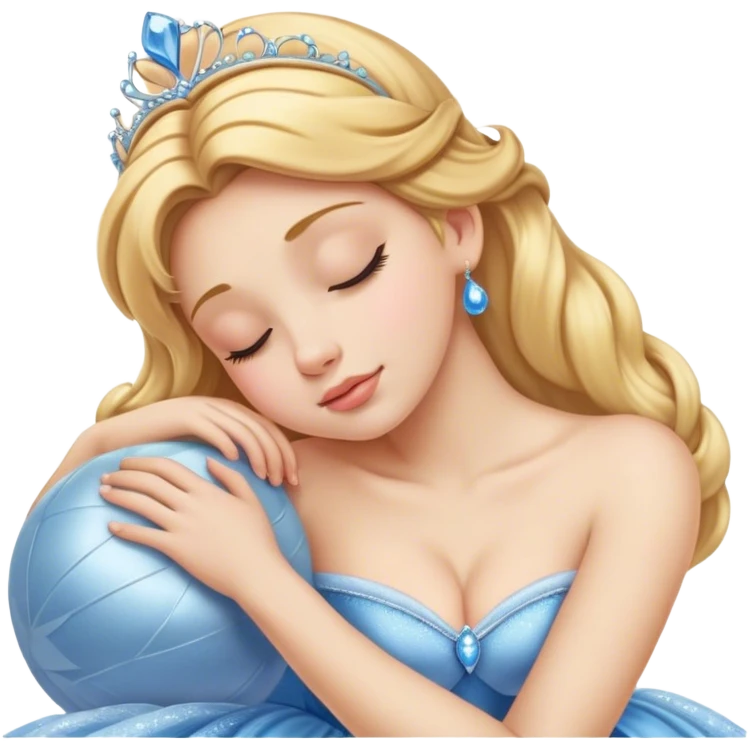 Cinematic Realistic Sleeping Cinderella Portrait, portrayed with exceptional realism: her luminous porcelain skin and exquisitely detailed golden-blonde hair lie softly under the gentle caress of natural light. Her eyes are peacefully closed in a serene, dreamlike slumber, and every fold and shimmer of her iconic ball gown is rendered with painstaking detail. The overall composition radiates a quiet, enchanting glow that encapsulates the timeless, restful beauty of a princess lost in a gentle, magical dream. emoji
