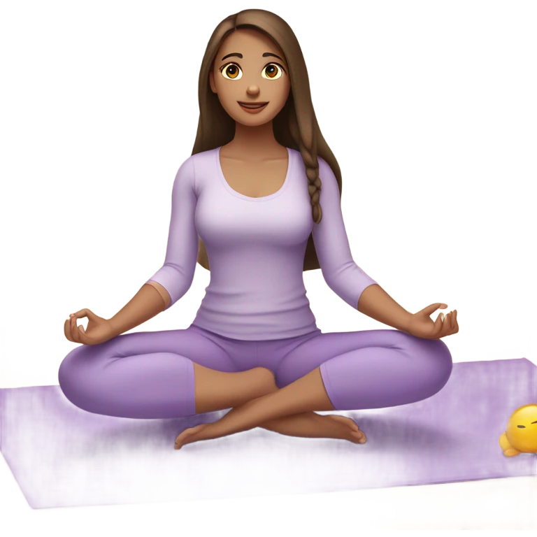 Brunette long hair and brown eyes yoga beautiful girl in light purple clothes sitting on a yoga mat emoji