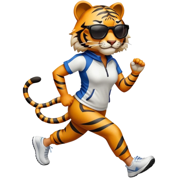 female energetic anthropomorphised tiger in sports clothes, wearing dark sunglasses, walking upright, dynamic pose emoji