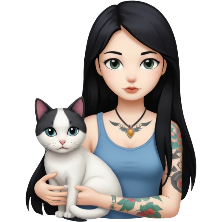 girl with long atraigh black hair and tattoos and a white cat emoji