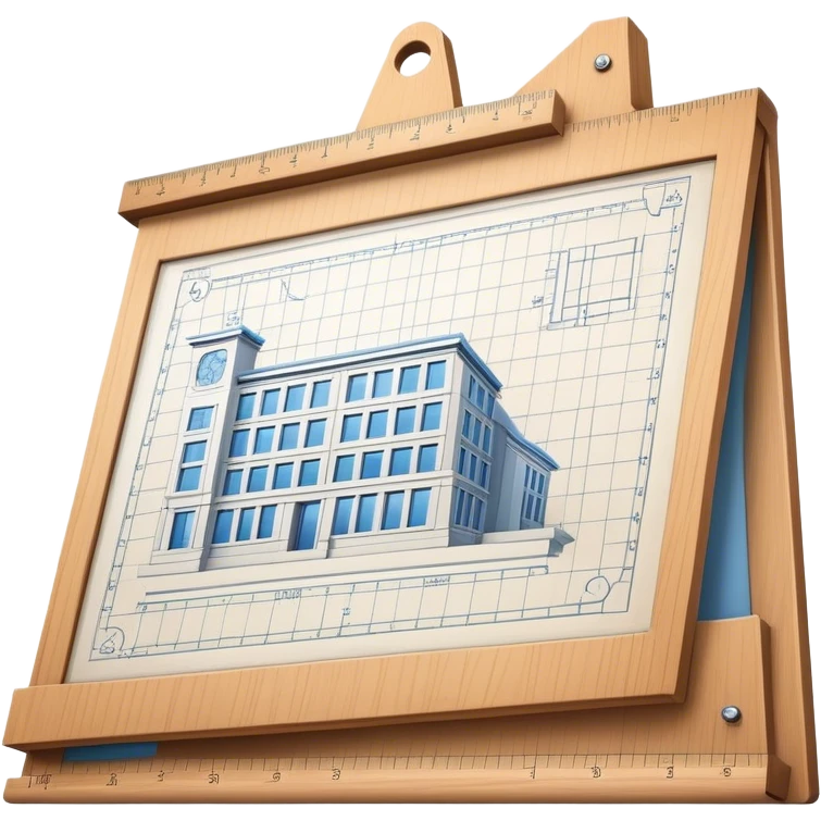 Sleek icon for Architecture: engineer's drawing board with building blueprints, 3D model of the building out of board, ruler and protractor. Transparent background. emoji