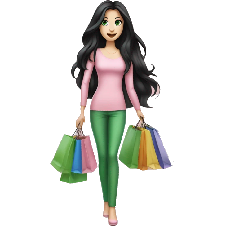 pretty white woman with very long black hair and green eyes and light pink outfit holding a ton of shopping bags emoji