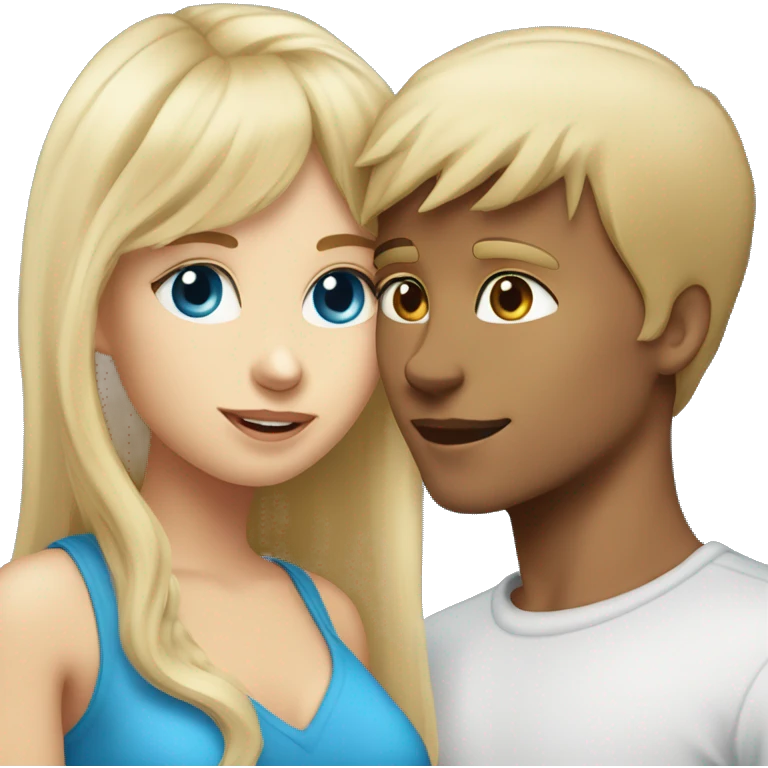 Girl with long back hair with bangs and tan skin kissing a boy with blonde hair blue eyes and white skin emoji