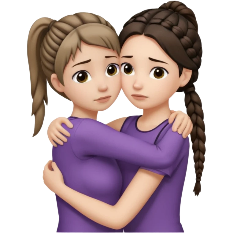 Comforting Hug two white skin women, one shorter woman with medium brown simple top ponytail, not braided, and one taller skinny sad face woman with a single long black side braid emoji
