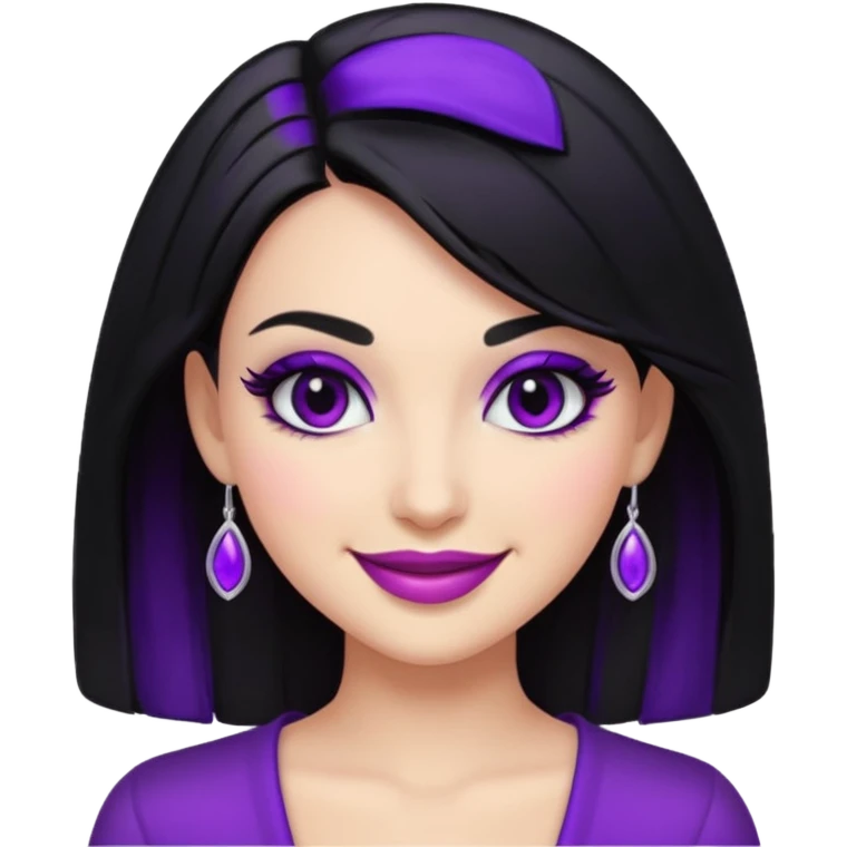 “Emoji girl, femme fatale, black hair. deep purples emoji