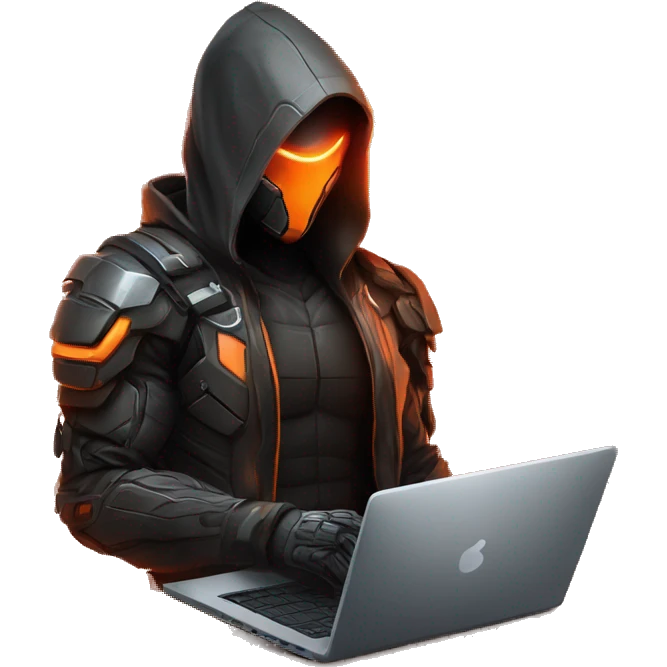  developer behind his laptop with this style : crysis Cyberpunk Valorant orange glowing bright orange character orange black hooded assassin themed character emoji