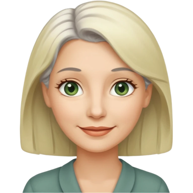 a woman in her late 40s and has greyish greenish eyes and blonde and grey hair emoji