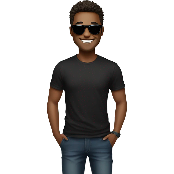 A man with short, tousled hair wearing sunglasses and a black t-shirt with a graphic design, smiling at the camera in a well-lit indoor setting. emoji