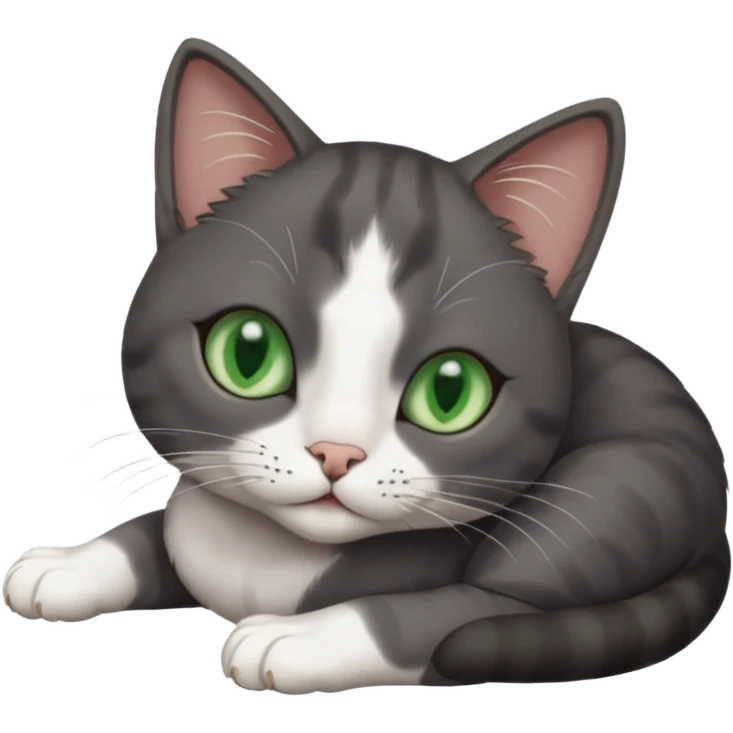 beautiful female solid dark grey cat with green eyes, white toes/paws and white patch on her chest rolling over emoji