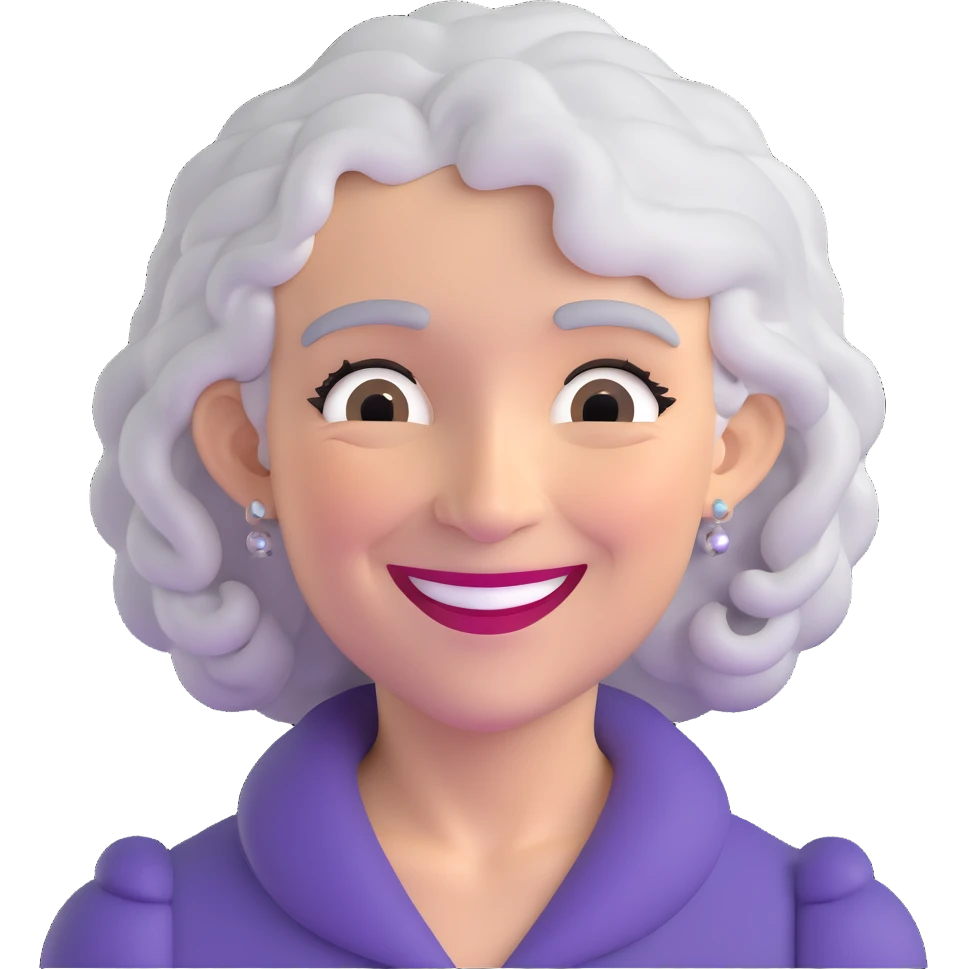 older lady with silver curly hair smiling emoji
