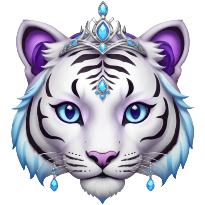 ESO Female white/black tiger khajiit leader of the umbral rose, glowing blue eyes, glowing blue 'third eye' gem; purple gemmed silver tiara emoji