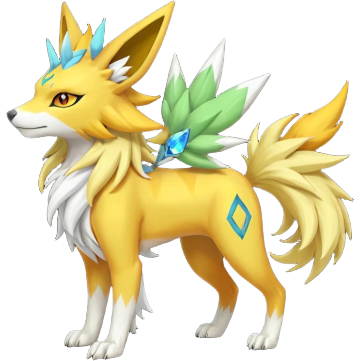 Feral Solgaleo-Meloetta-Jolteon-Renamon-Zeraora-Vernid-fusion-hybrid-creature, full body  emoji