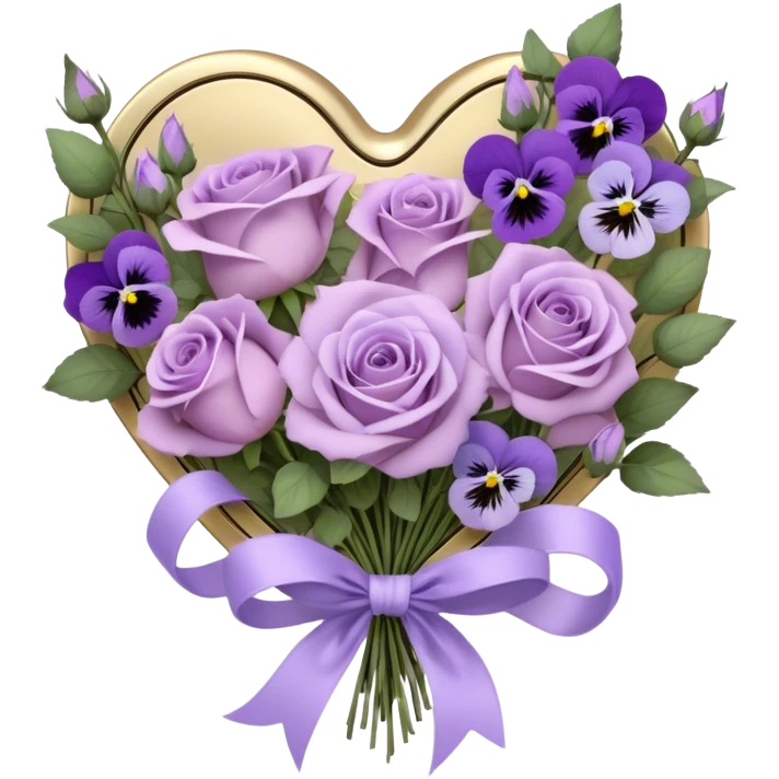 A vintage bouquet of wilted mauve roses, delicate violet pansies, and fragrant lavender sprigs is gently wrapped in soft lilac silk ribbons, tied into a loose, romantic bow, with a small heart-shaped locket resting among the petals, whispering secrets of a love long past emoji