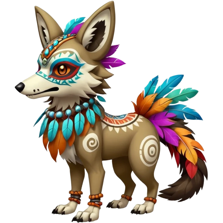 Furry cute colorful exotic tribal feral anime-styled Fakémon-Pokémon-animal-creature with a wolf-skull-head-mask-face, and colorful feathers around neck, with long furry ears, long furry tail, 4 legs, (full body), with intricate pattern-markings emoji