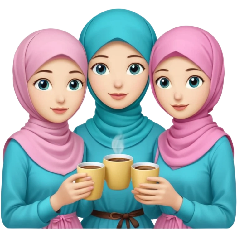 Turkish beautiful finish Konya three girls (friends) blue eyes with pink rose and turkis butter yellow hijab islamic dress and had on her hand turkish coffee   emoji