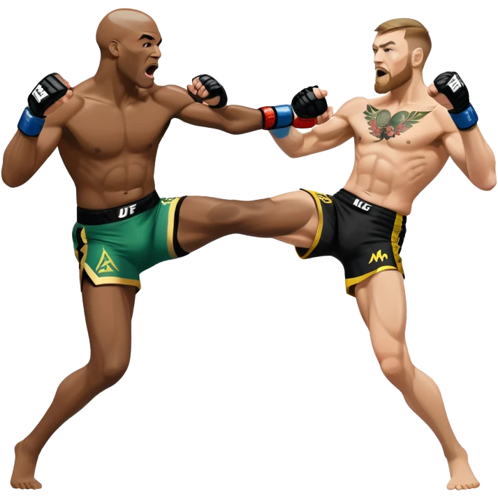 An MMA showdown between Conor McGregor and Anderson Silva in the octagon. McGregor is preparing a striking kick, while Silva is in a defensive stance. The background features the UFC octagon with cheering fans and intense energy. Transparent background  emoji
