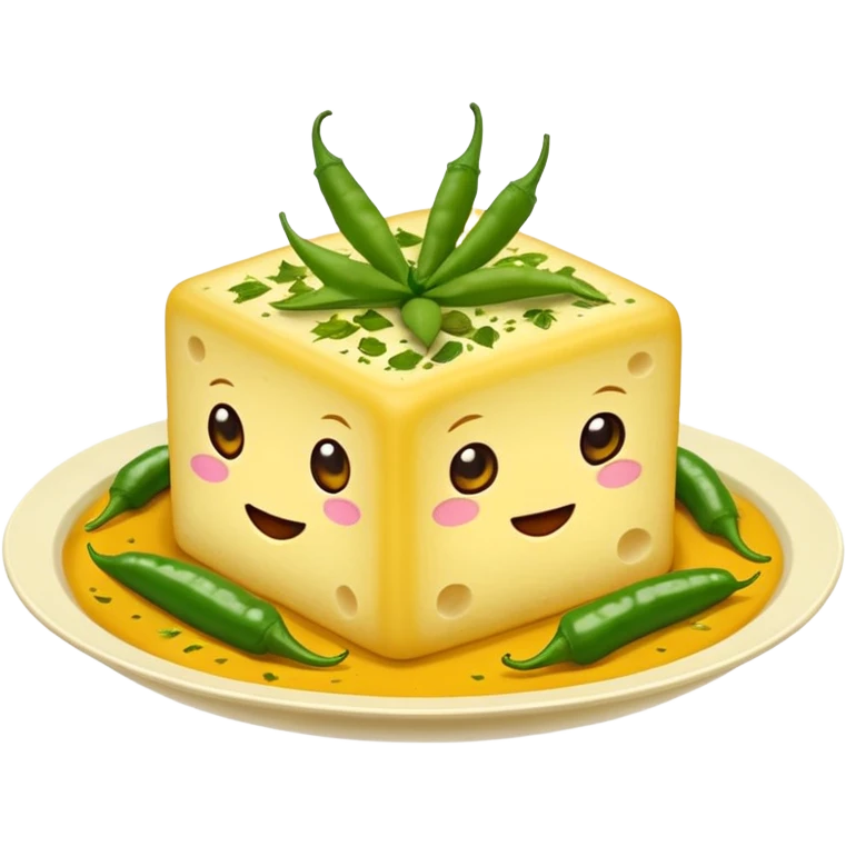khaman dhokla, soft yellow squares, topped with green chilies and curry leaves, emoji style emoji