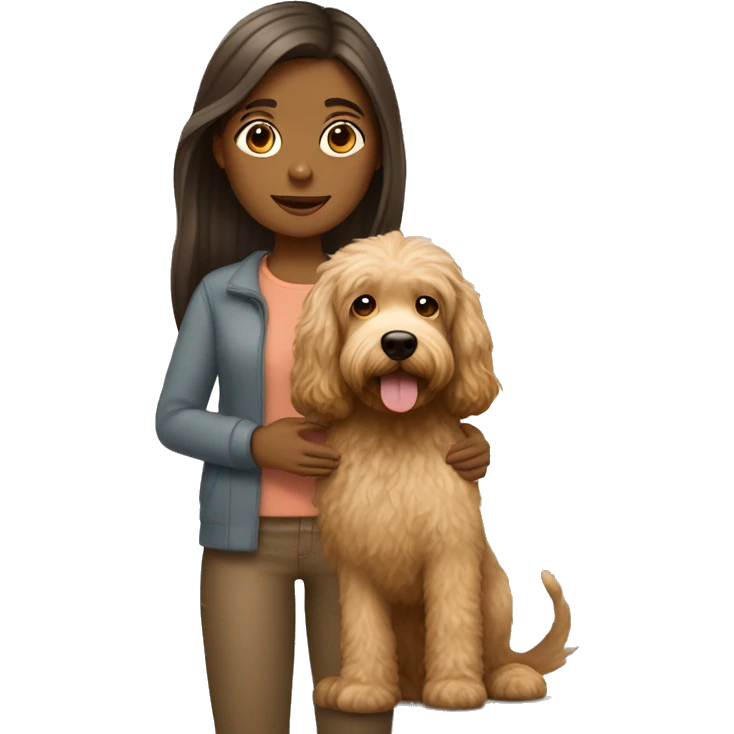 tan girl with long straight hair holding tan labradoodle emoji