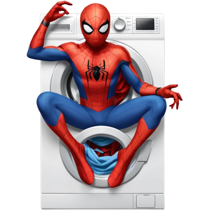 Die-cut sticker of Spider-Man sitting on a washing machine, bold vector art, thick white border, isolated on white background.with 4k resolution emoji