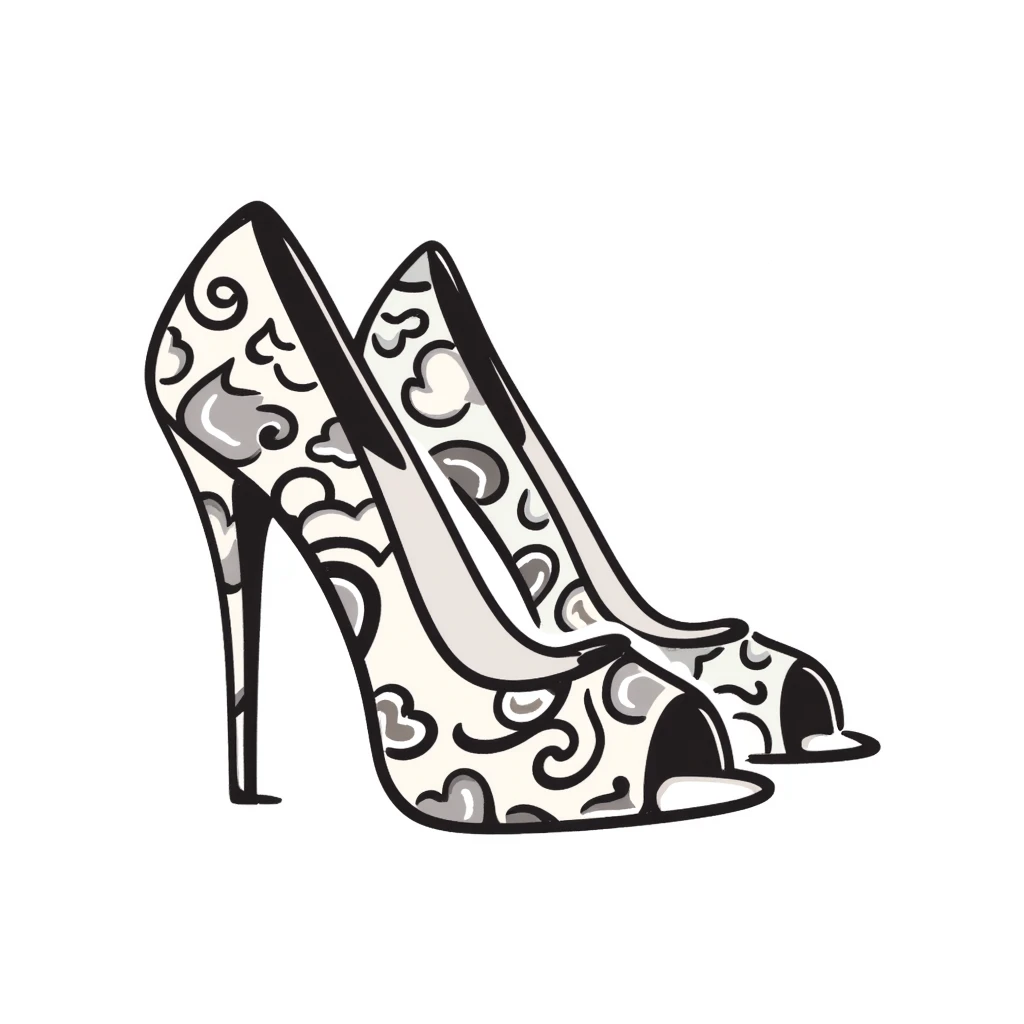 a pair of women's high heel shoes with elegant details, pastel colors dd9fb0, ffc6d3, a3bfc9, c4bee2, f1b091, detailed hand-drawn doodle style emoji
