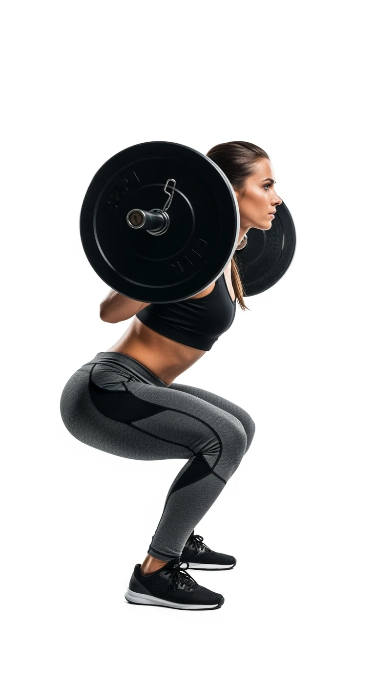 donna fitness di profilo che fa uno squat con bilanciere, iperrealistica 4k, sfondo bianco emoji