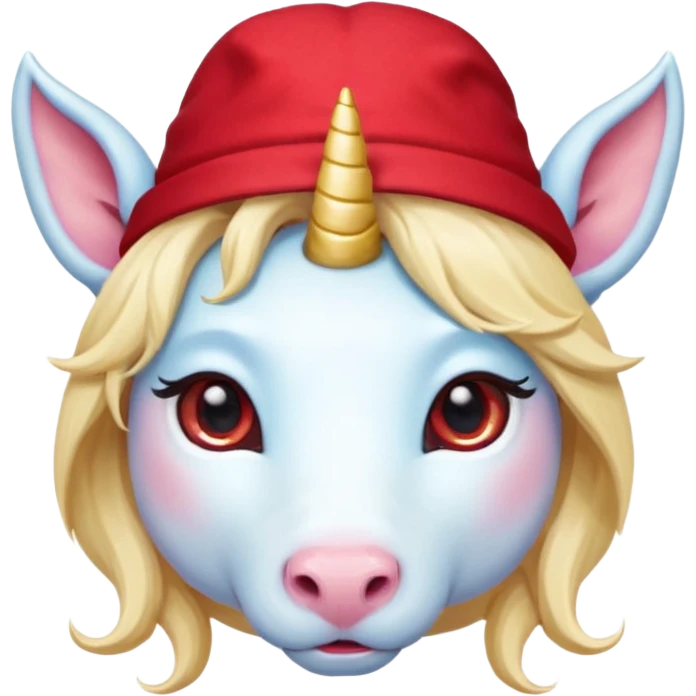 unicorn face cute wearing cute red hat, horn piercing through the hat looking in the camera, blond hair and spectacled emoji