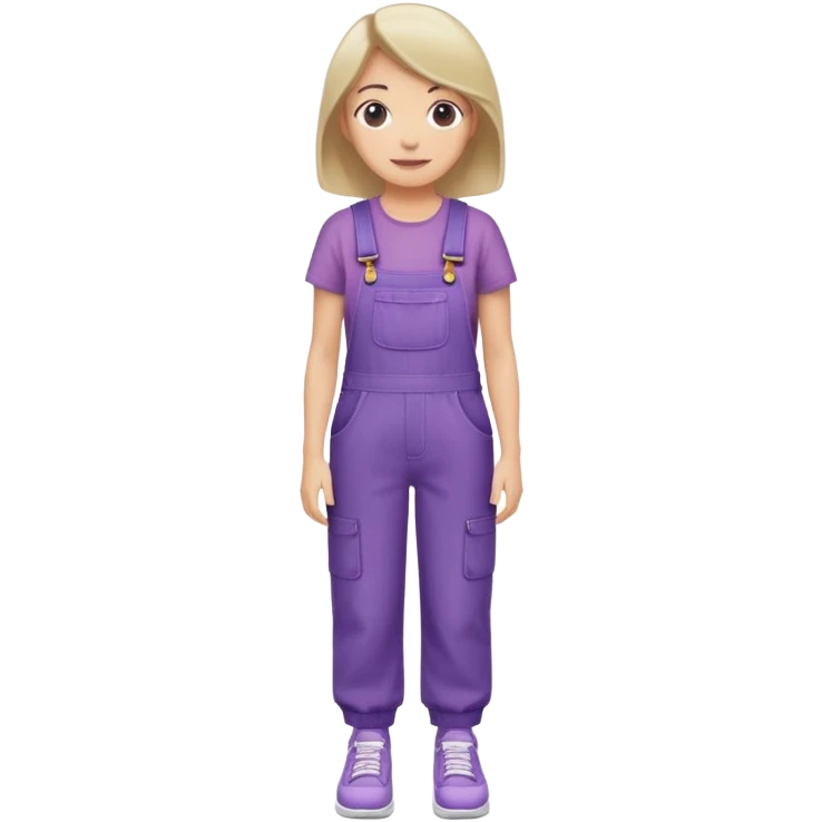 A woman emoji wearing purple overalls, with a neutral or slight smile, simple design, and casual style with white shoes emoji