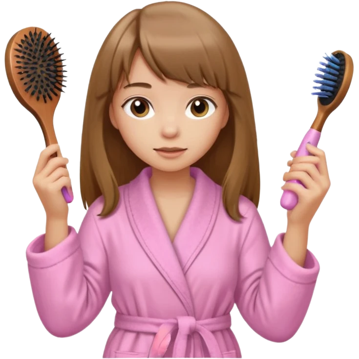 a girl with light skin and medium brown long hair with bangs who is brushing her hair with a hairbrush and she is wearing a light pink bathrobe emoji