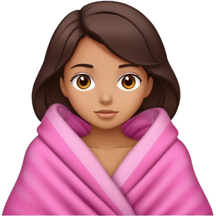 A brunette girl with a pink big cozy blanket emoji