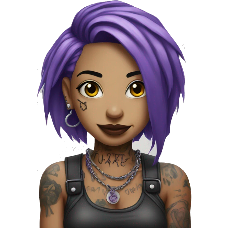 Woman with lots of tattoos abd piercings, wearing a metal band shirt, purple hair emoji