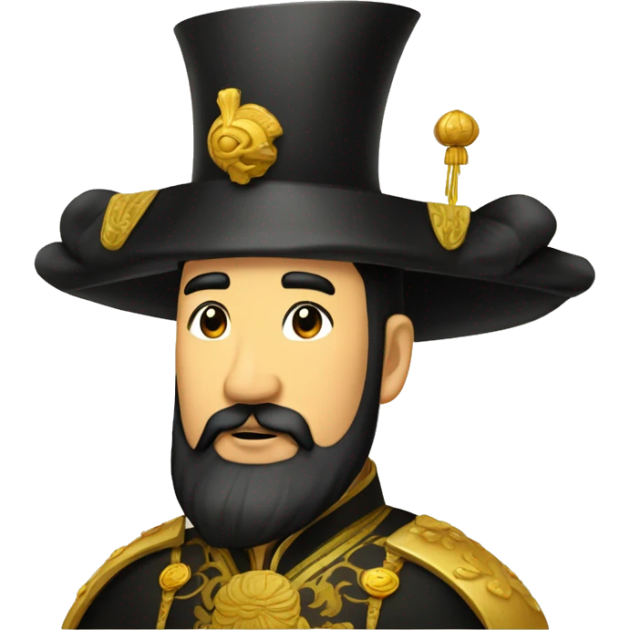 The Chinese emperor,with black hair and black beard,wore a high black golden hat  emoji
