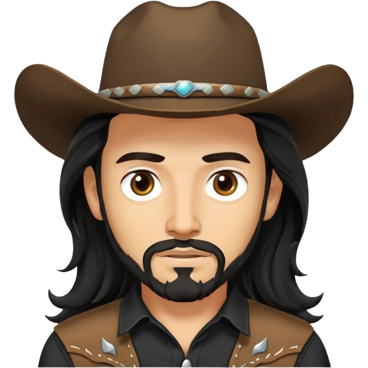 Cowboy with black long wavy hair, brown eyes, tan skin and light black goatee black shirt emoji