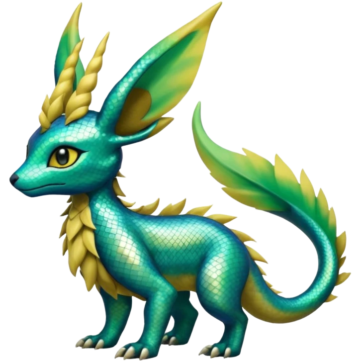 Shiny Iridescent Helioptile-Salandit-Leafeon-Fakémon-hybrid-creature (full body)  emoji