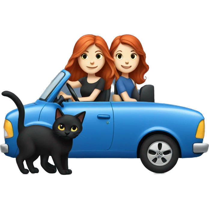 Redhead girl driving blue and two black cats  emoji