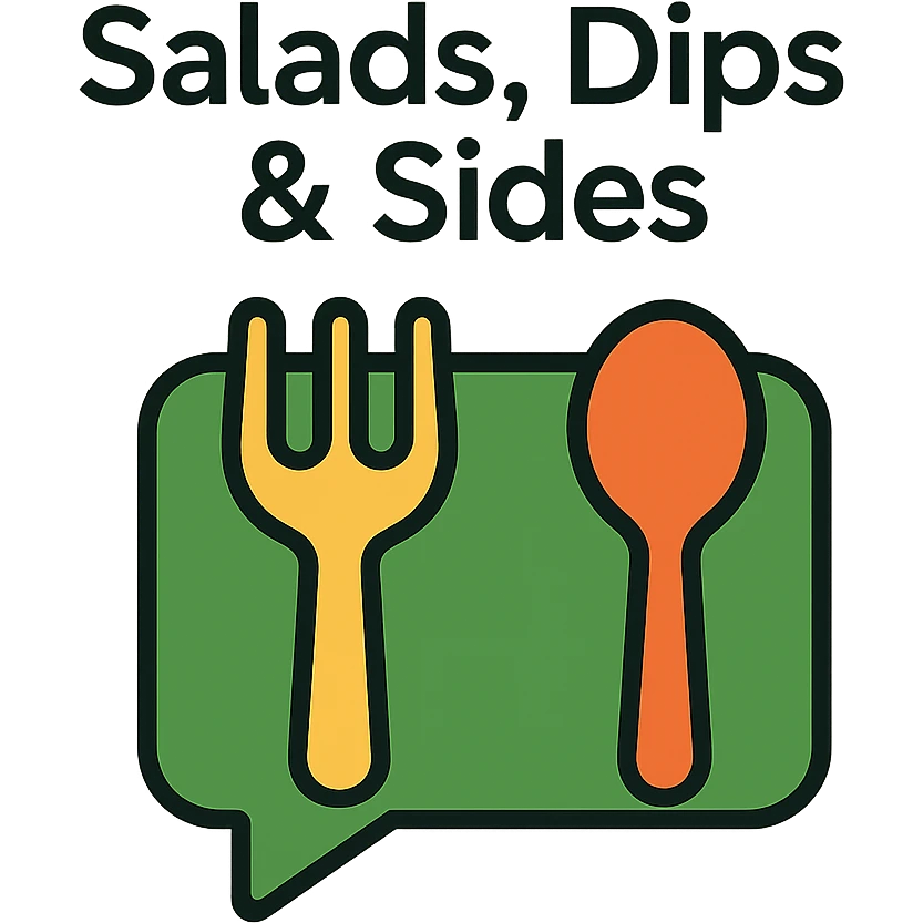 Add the title 'Salads, Dips & Sides' in a clean, modern font above the green playful logo with chat bubble and utensils on the cookbook background. Keep the text readable and harmonious with the design. emoji